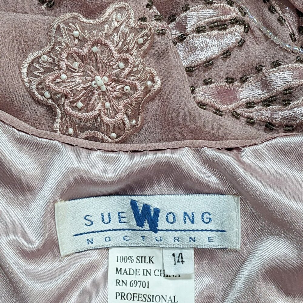 SUE WONG NOCTURNE Vintage 100% Silk Pink Embroidered/Beaded Fairy Core Dress Y2K - Picture 7 of 7